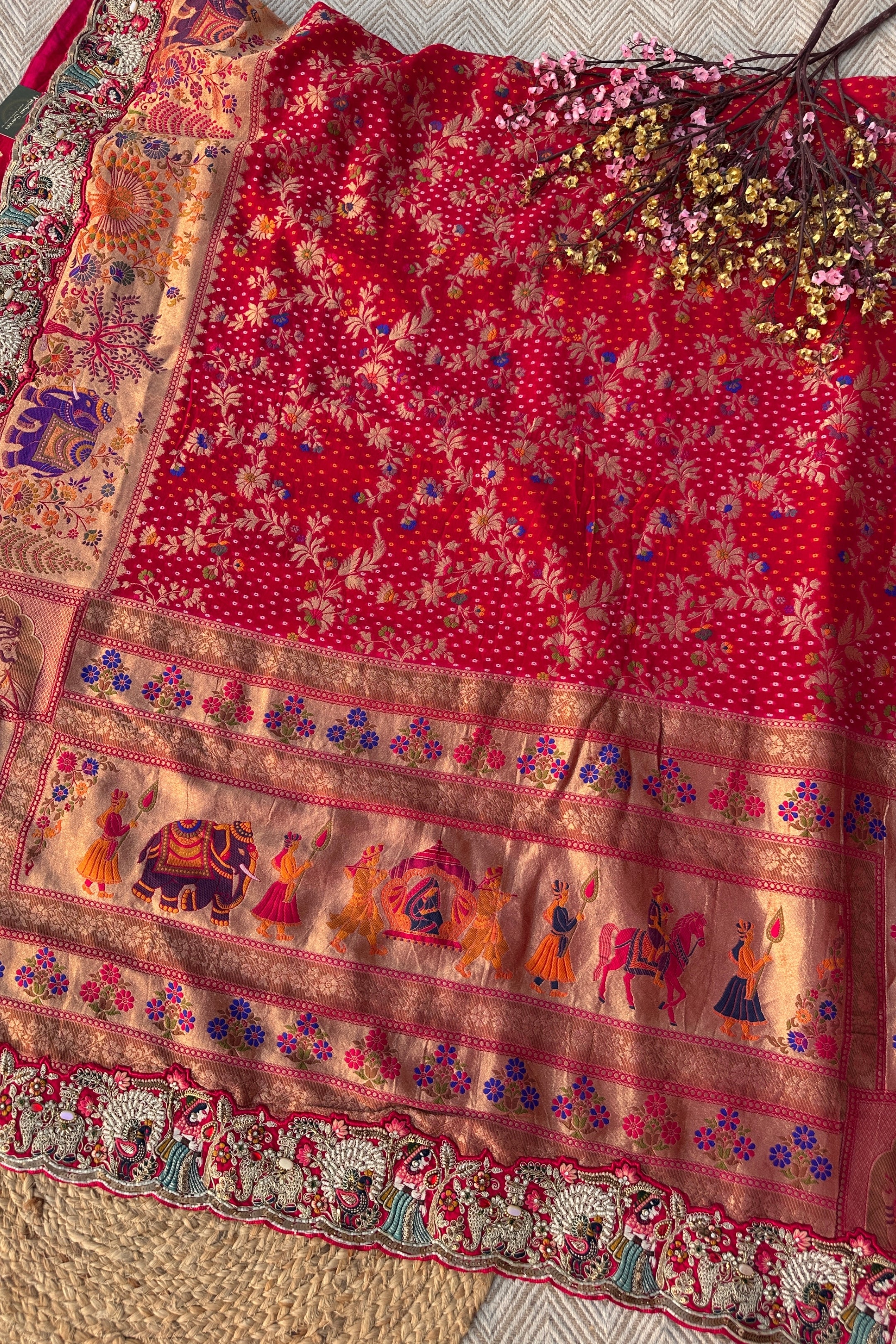 Red Georgette Unstitched Saree Embellished With Thread, Sequins, Zari, Moti & Cutdana work